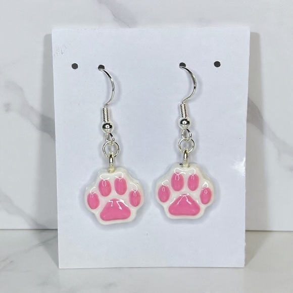 Animal Paw Print - Handmade Earrings - White - Picture 1 of 7